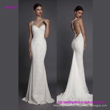 Sexy Back Design and Noble Embroidery Spaghetti Strap Mermaid Wedding Gown